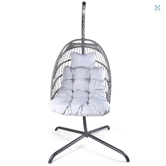 Swing Egg Chair With Stand Indoor And Outdoor Rattan Patio Basket Sling Chair With C-bracket, Patio Wicker Folding Sling Chair