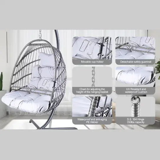 Swing Egg Chair With Stand Indoor And Outdoor Rattan Patio Basket Sling Chair With C-bracket, Patio Wicker Folding Sling Chair