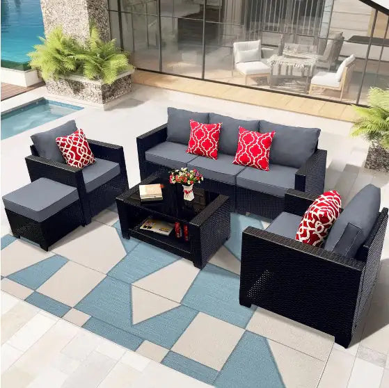 Outdoor Garden Patio Furniture 7 Piece PE Rattan Upholstered Sofa Set & Coffee Table