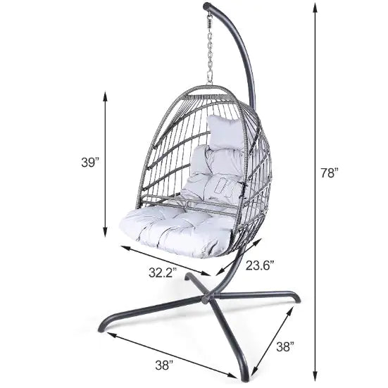 Swing Egg Chair With Stand Indoor And Outdoor Rattan Patio Basket Sling Chair With C-bracket, Patio Wicker Folding Sling Chair