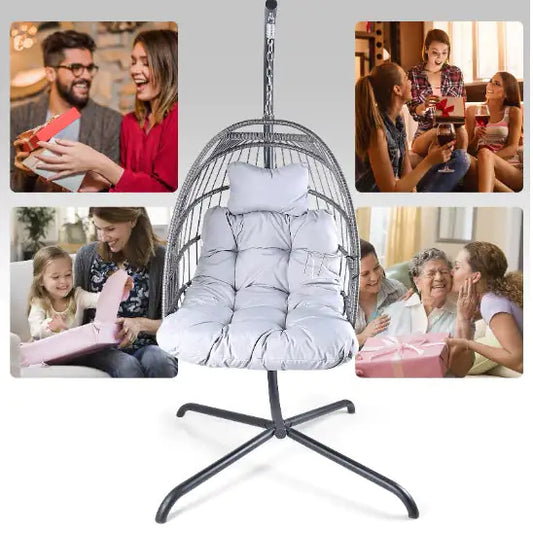 Swing Egg Chair With Stand Indoor And Outdoor Rattan Patio Basket Sling Chair With C-bracket, Patio Wicker Folding Sling Chair